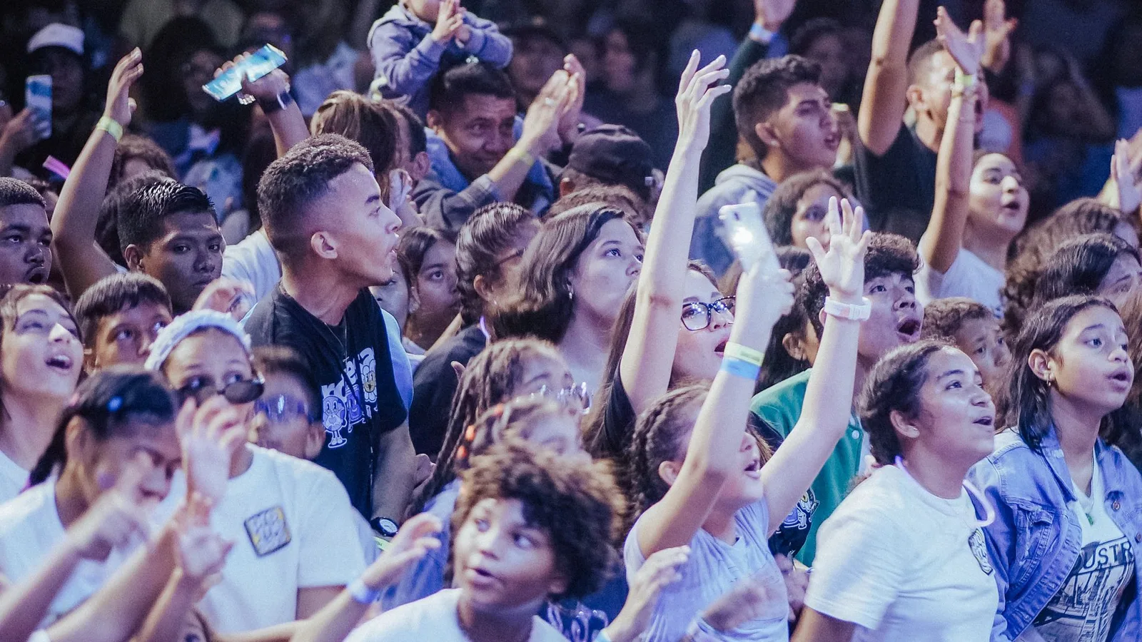 Multidão animada em show ao vivo, jovens levantando os braços