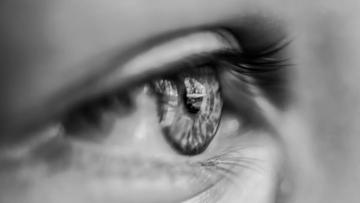 Fotografia macro em preto e branco de um olho humano