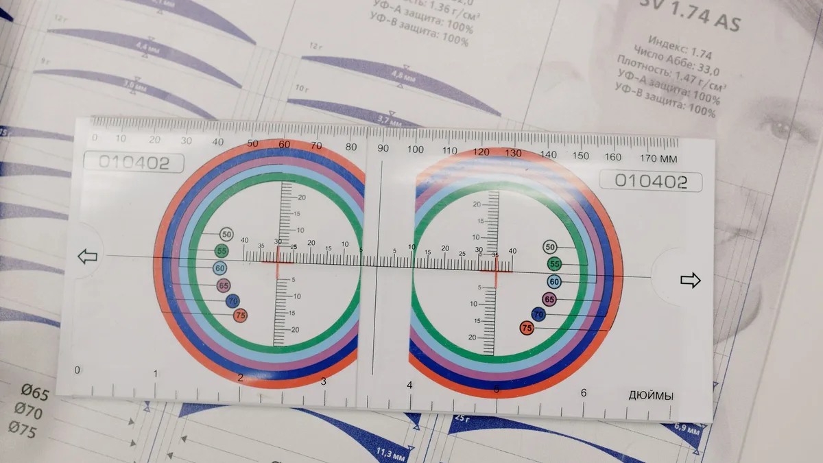 Régua de medição de lentes com escala milimetrada sobre a bancada