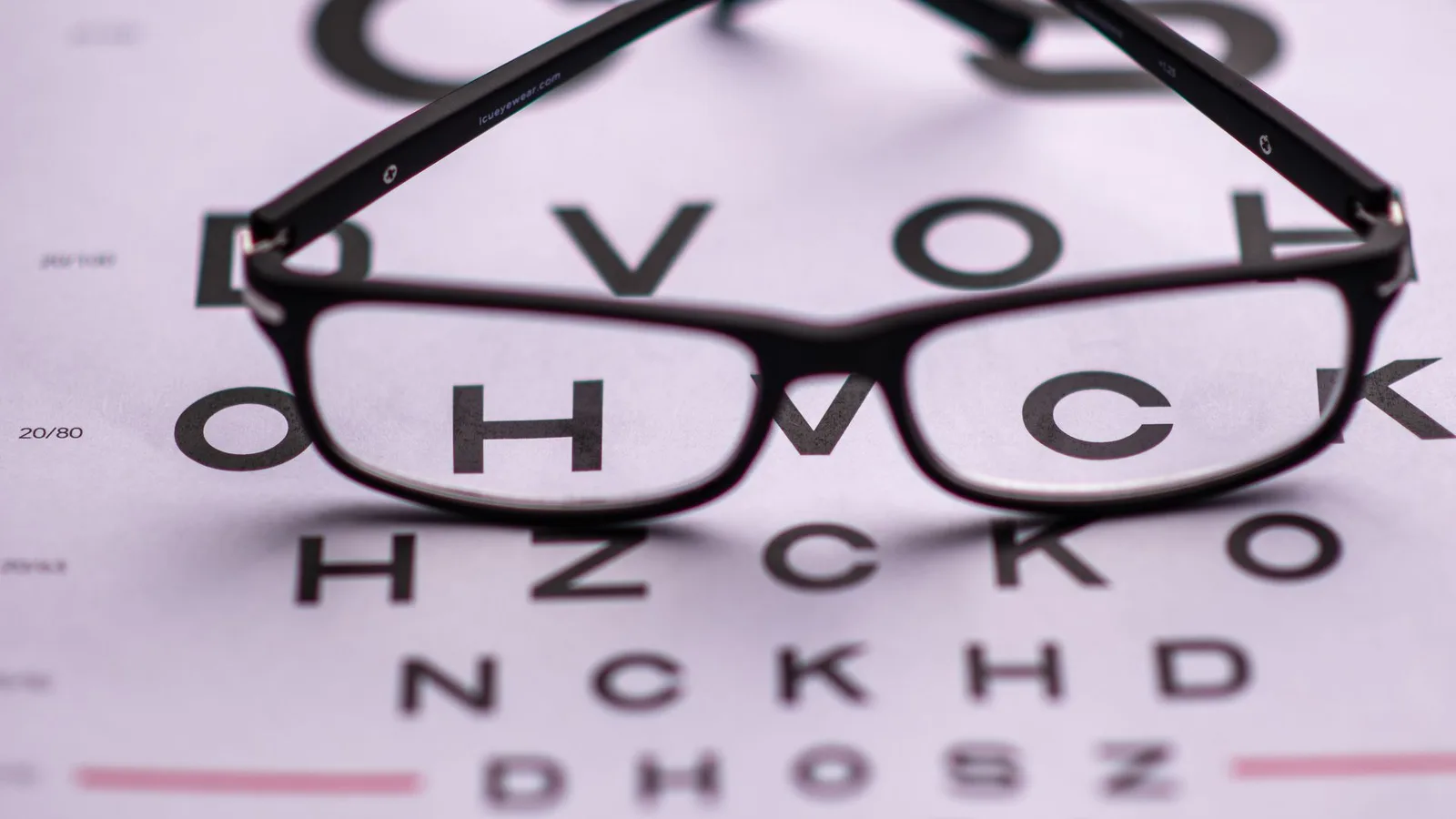 Óculos de grau apoiados sobre tabela de letras usada no exame de vista